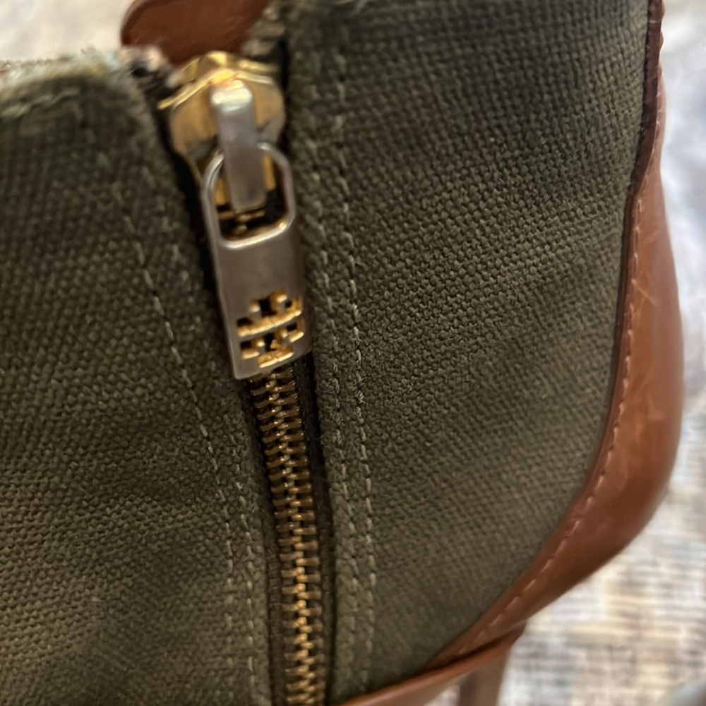 Tory Burch Oren Peep Toe Ankle Booties Boots Leather & Canvas High Heel size 8 - Picture 7 of 9